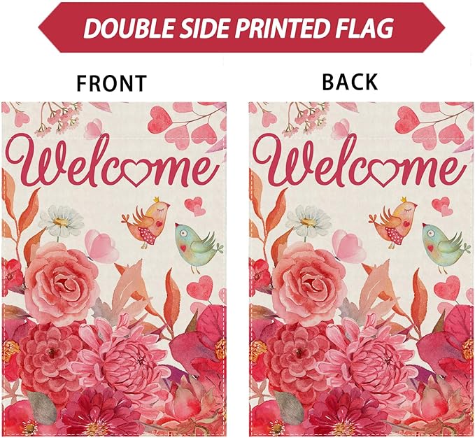 ZAEW Welcome Valentine’s Day Garden Flag Love Birds Yard Flag 12x18 Inch Double Sided Small Mini Yard Outdoor Outside Holiday Decoration