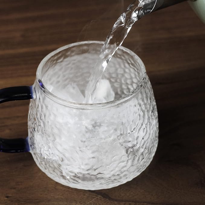 LUXU Hammered Tea Cups,Glass Coffee Mugs,Set of 6 Coffee Cups with Different Color Handles-15 oz,Prefect for Cappuccino,Latte,Water,Mocha,Milk,Widely Used for Cafes,Home and Office