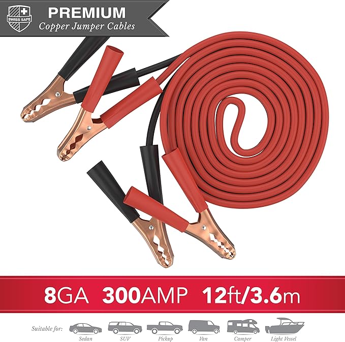 Swiss Safe 2-in-1 Car Emergency Kit | 12-FT Heavy-Duty Jumper Cables & 378-Piece Comprehensive Car First Aid Kit | Compact Roadside Auto Essentials for Vehicle Safety