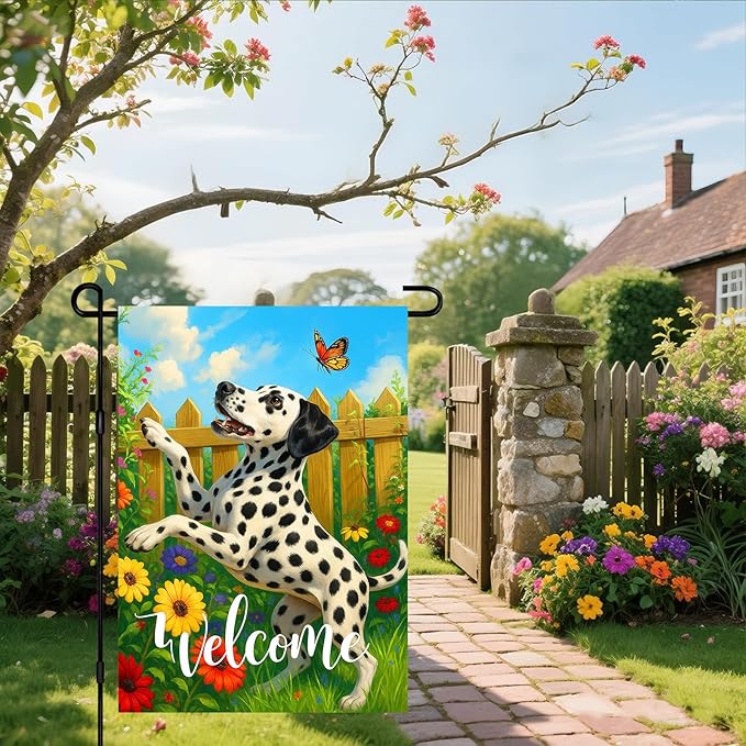 IVN Spring Summer Welcome Garden Flag 12x18 Inch Double Sided Dalmatian with Butterfly and Flowers Outdoor Yard Flag for Outside Home Front Door Lawn Porch Patio Welcome Decor