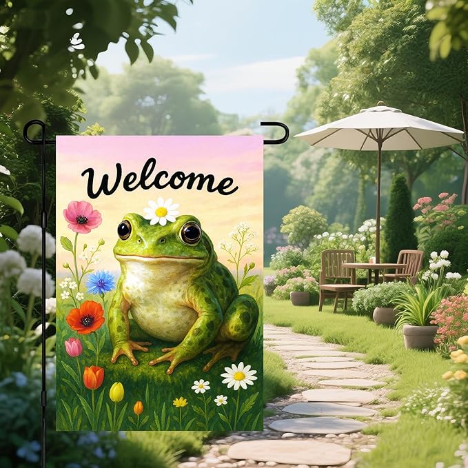 IVN Spring Garden Flag 12x18 Inch Double Sided Frog and Wildflower Meadow Scene Outdoor Yard Flag for Outside Front Door Lawn Porch Patio Welcome Decor