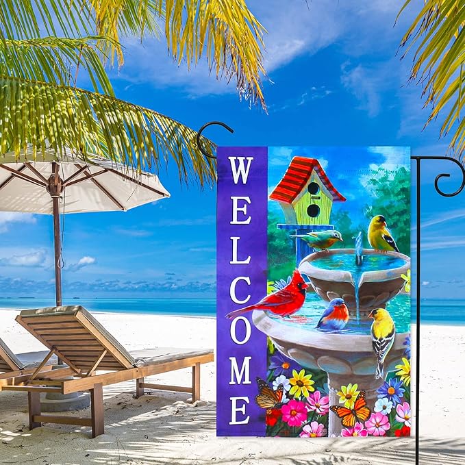 Welcome Spring Summer bird Outside Vertical Double Sided small Garden flags for all seasons Cardinal Birdhouse Outside Yard Flags