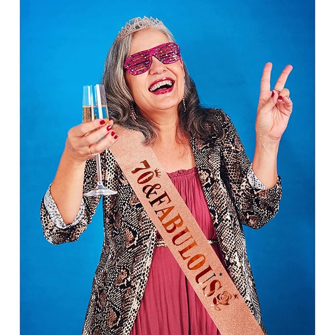 Casoty Rose Gold 70th Birthday Sash and Tiara for Women, 70 & Fabulous Sash and Crown, 70th Birthday Party Decorations Supplies Favors for Women Gifts for Her