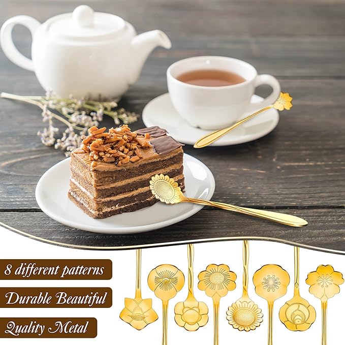 Eboot 40 Pcs Gold Flower Teaspoon Stainless Steel Tea Party Spoons Mini Cute Teaspoon for Stirring Coffee Sugar Drink Demitasse Kitchen Bar Tableware Party Favors Decorations
