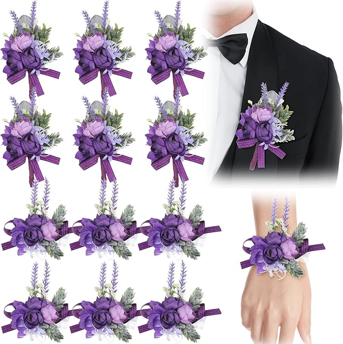 12 Pcs Purple Wrist Corsage and Boutonniere Set for Groom Groomsmen Bride Bridesmaids Wedding Party Prom Suit Artificial Peony Flowers Decor for Women Men Homecoming Ceremony Anniversary Formal Party