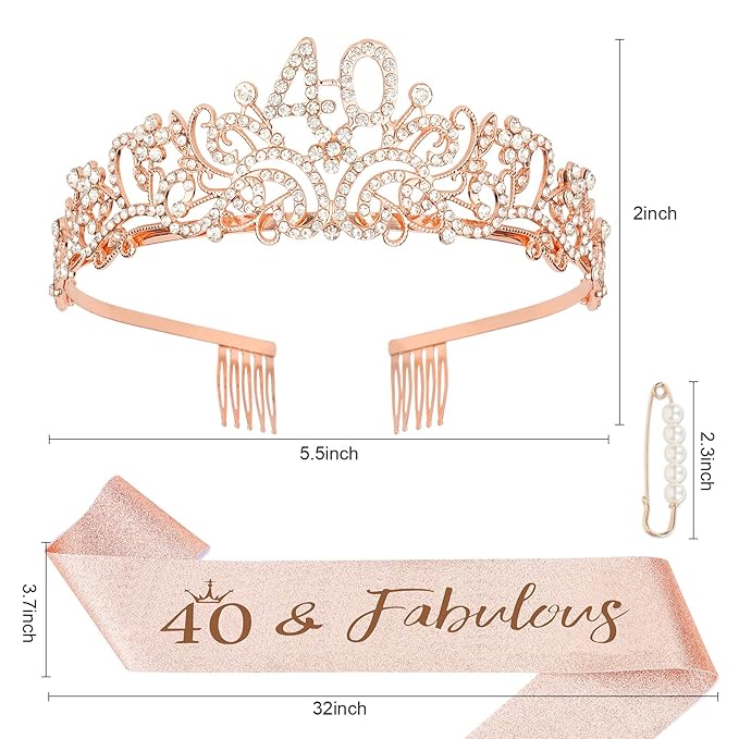 Semato 40th Birthday Decorations - Glitter Tiara & Sash Kit, Party Supplies & Favors