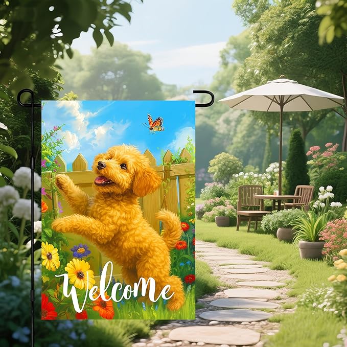 IVN Spring Summer Welcome Garden Flag 12x18 Inch Double Sided Puppy with Butterfly and Flowers Outdoor Yard Flag for Outside Home Front Door Lawn Porch Patio Welcome Decor