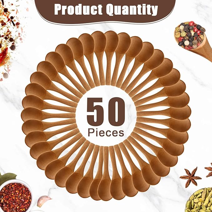 Boao 50 Pcs Small Wooden Spoons, 3.5'' L, Mini Wood Natural Tiny Spoons Wooden Little Teaspoons for Jars Sugar Creamer Honey Spices Salt Kitchen Supplies (Light Brown)