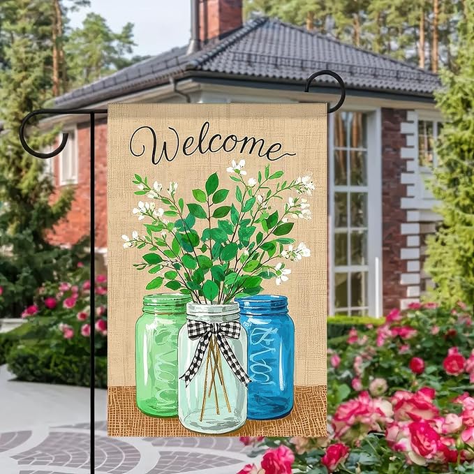 BlissYard Welcome Spring Garden Flag 12x18 Double Sided Mason Jars Floral Seasonal Small Flags For Outside Outdoor Decor Yard Farmhouse Holiday Spring Summer Decorations Yard Flags