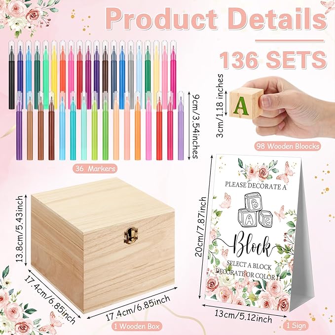 Marsui 136 Pcs Baby Shower Blocks to Decorate Game Kit Includes 98 Wooden Blocks, 36 Markers, 1 Game Sign, 1 Storage Box for Baby Shower Gender Reveal Activity Party Decorations(Flower)