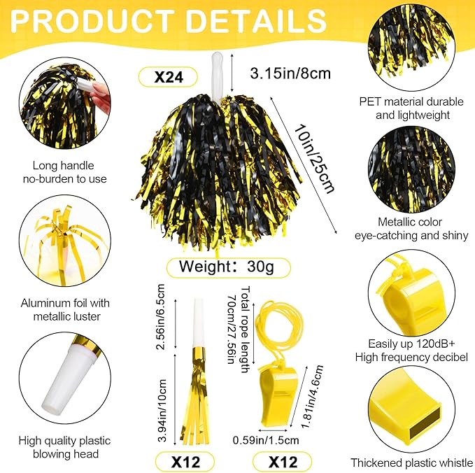Yunsailing 96 Pcs Noisemakers Team Spirit Accessories for Game Day Include Hand Clappers Cheerleading Pom Pom Thunder Stick Cheer Party Blower Plastic Whistle for Sport Fans(Black Gold)