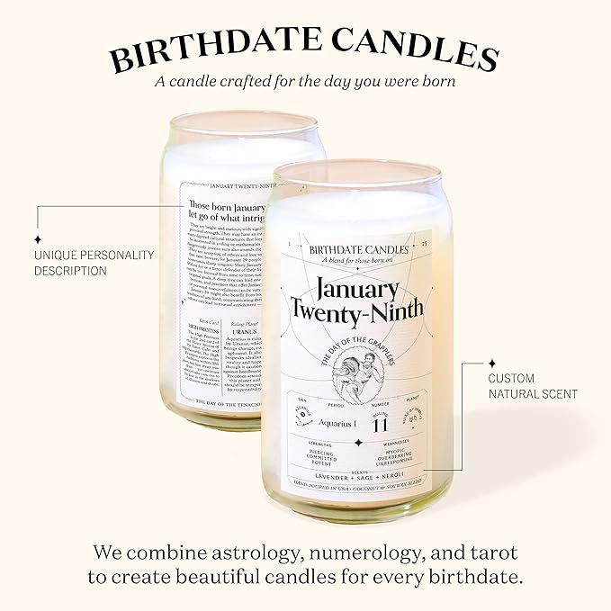 Birthdate Candles, January 17 - Capricorn Zodiac Scented Candles Birthday Gift - Sage, Frankincense & Oakmoss Scent - All-Natural Soy & Coconut Wax, 60-80 Hour Burn Time - Made in USA