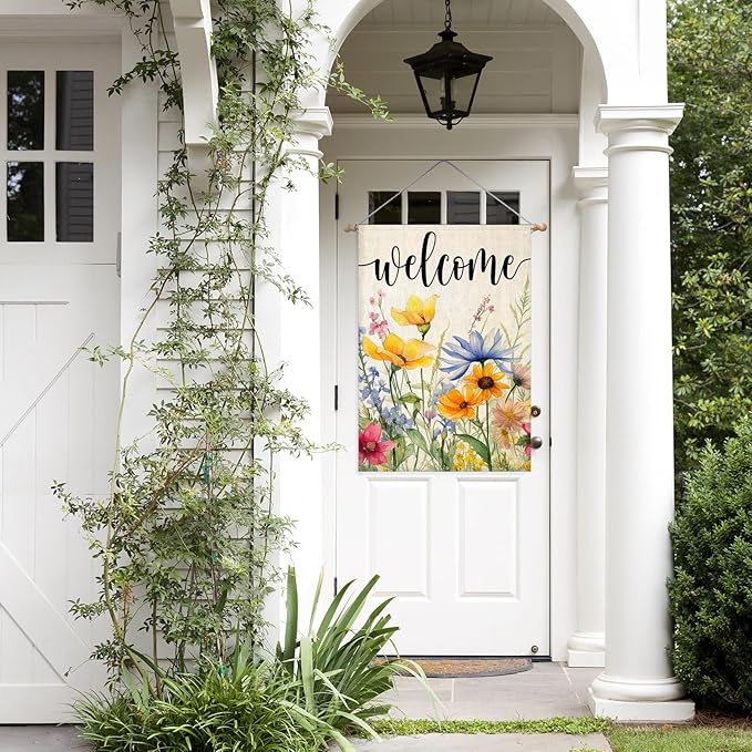 EKOREST Welcome Flowers House Flags for Outdoor Decoration, Spring Watercolor Floral Large Yard Flag, Decorative Summer Celebration Decor for Seasonal Farmhouse Holiday Outside 28x40 Inch Vertical