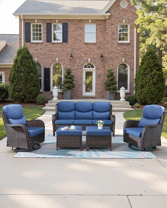 Pop 22x25/22x24 Outdoor Cushions for Patio 5 Piece Set - Set of 5 Water-Resistant Replacement Cushion for Wicker Rocking Swivel Chairs Loveseat Couch Sectional Sofa - Navy Blue/Smile