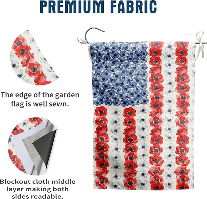 Patriotic Flower American Garden Flag Spring Summer Yard Decor 4th of July Memorial Independence Day Decorations Red White Blue Poppy Banner for Outside 12x18 Double Sided