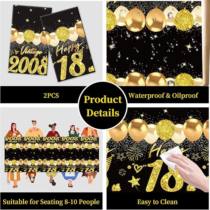 2pcs 18th Birthday Tablecloth, Black Gold 18th Birthday Decorations for Boys Girls Vintage 2008 Table Cloth Plastic Rectangular Table Cover Happy 18 Anniversary Party Supplies