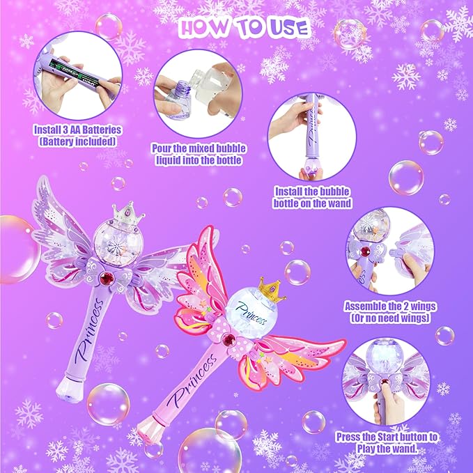 2 Pack Bubble Wands for Kids,Outdoor Party Birthday Bubble Toy for Toddlers,Light Up & Music Bubble Machine,Bubble Maker & Bubble Blower, for Girls Age 3 4 5 6 Years Old.(Pink+Purple)