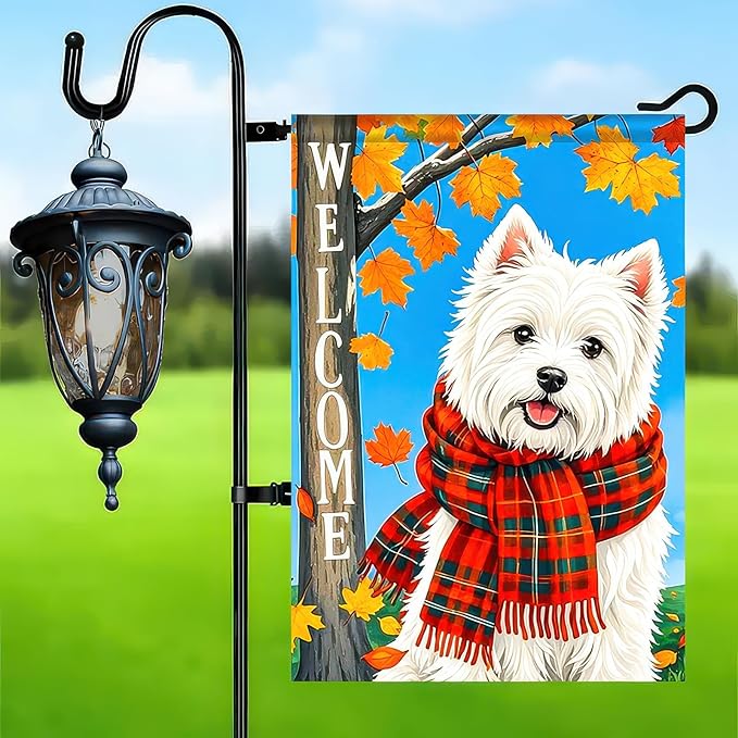 BlissYard Welcome Fall Garden Flag 12x18 Inch Double Sided White Dog Flags with Plaid Scarf Yard Banner Autumn Leaf Small Flag for Porch Lawn Outdoor Thanksgiving Decoration