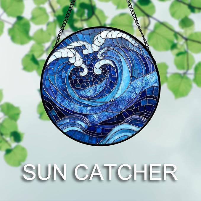 Stained Glass Window Hanging 4 Pcs Set Blue Ocean Waves Large 15" - Starfish Crab Seal Suncatcher Door Garden Sun Catcher Decor Birthday for Mom Woman Nana Men Friend
