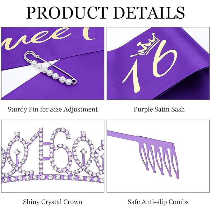 Casoty Purple 16th Birthday Sash and Tiara for Girls, Sweet 16 Party Decorations, Sweet 16 Sash and Tiara Set, 16th Birthday Decorations for Girls