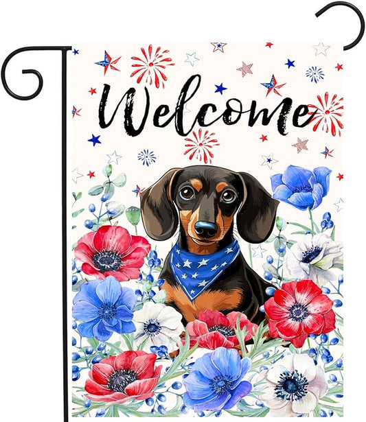 4th of July Dachshund Garden Flag Red White Blue Floral Weiner Dog Yard Flags Small Memorial Independence Day Banner 12x18 Double Sided for Outside Outdoor Patriotic Decor