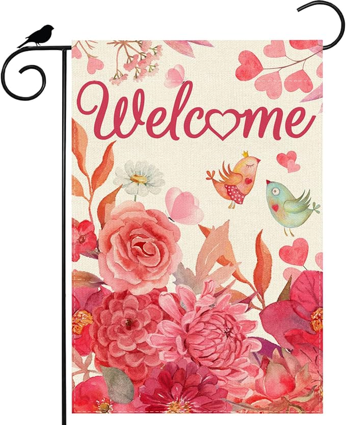 ZAEW Welcome Valentine’s Day Garden Flag Love Birds Yard Flag 12x18 Inch Double Sided Small Mini Yard Outdoor Outside Holiday Decoration