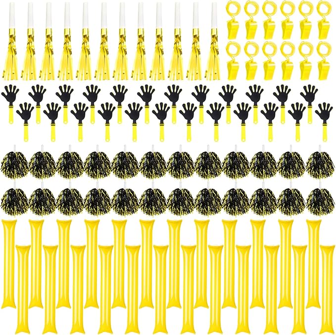 Yunsailing 96 Pcs Noisemakers Team Spirit Accessories for Game Day Include Hand Clappers Cheerleading Pom Pom Thunder Stick Cheer Party Blower Plastic Whistle for Sport Fans(Black Gold)