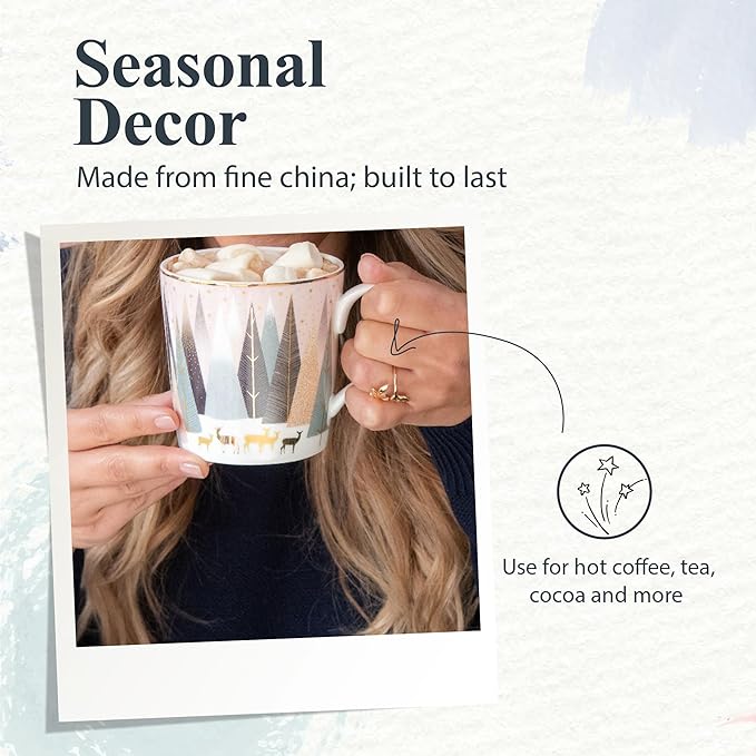Portmeirion Sara Miller London Frosted Pines Christmas Mug | 12 Oz Cup for Drinking Tea, Coffee, and Hot Cocoa | Set of 4 Mugs Made from Fine China with Gold Detail | Handwash Only