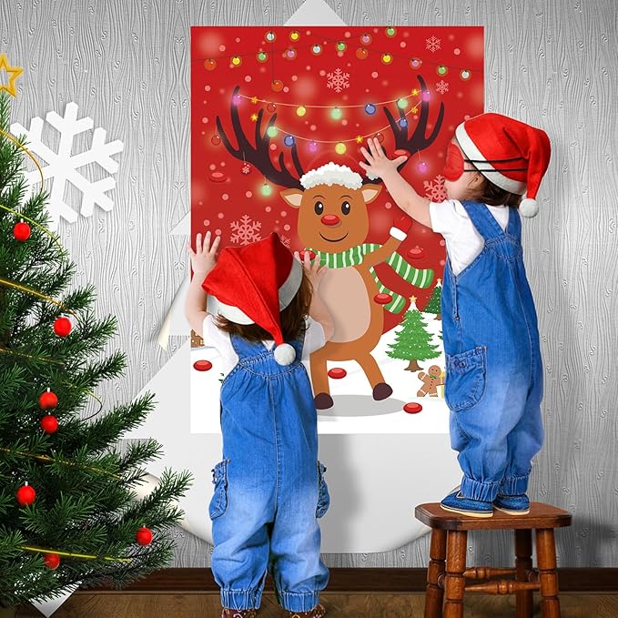 Hooqict Christmas Games Pin The Nose on The Reindeer Christmas Holiday Party Games for Kids Family Party Activities, Large Reindeer Games Poster with 42 Nose Stickers