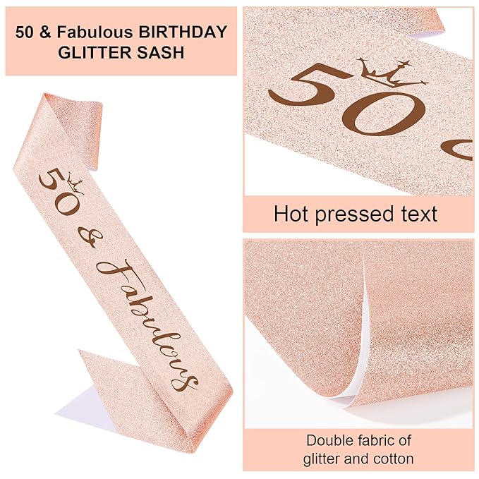 Semato Rose Gold 50th Birthday Tiara & Sash Set for Women - Rhinestone Crown & Glitter Sash - Party Supplies & Favors