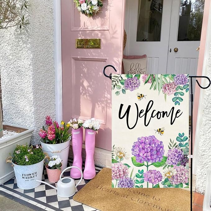 Baccessor Spring Summer Hydrangea Garden Flag Double Sided 12x18 Inch, Summer Purple Flower Floral Welcome Small Yard Flag Burlap Seasonal Farmhouse Yard Outdoor Decoration