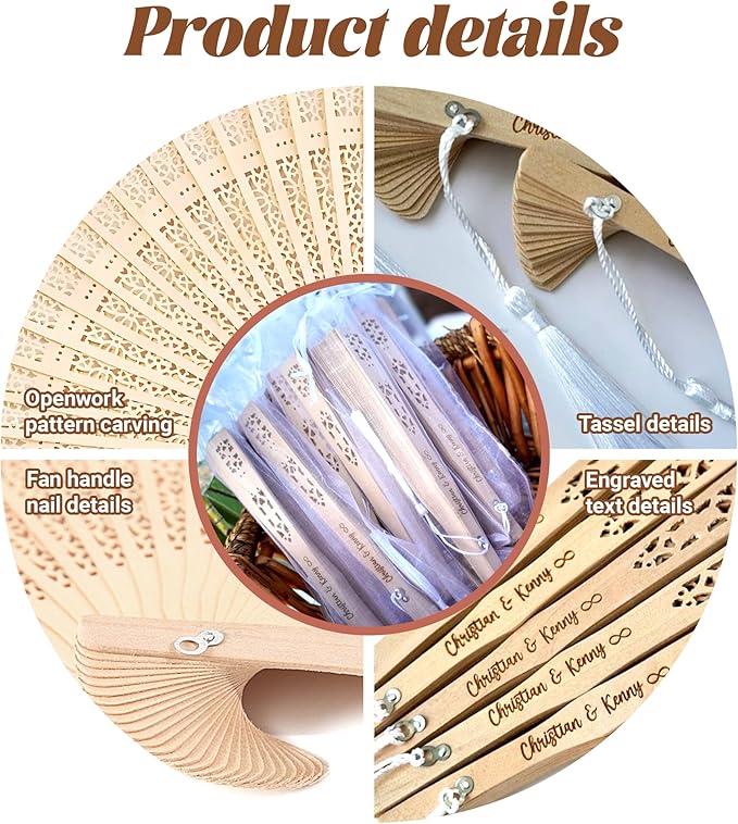 10 Pcs Personalized Sandalwood Wood Handheld Folding Fans with Organza Bags Wedding Fans Custom Name Text Icon Gift for Wedding Graduation Party Guests Baby Shower (10)