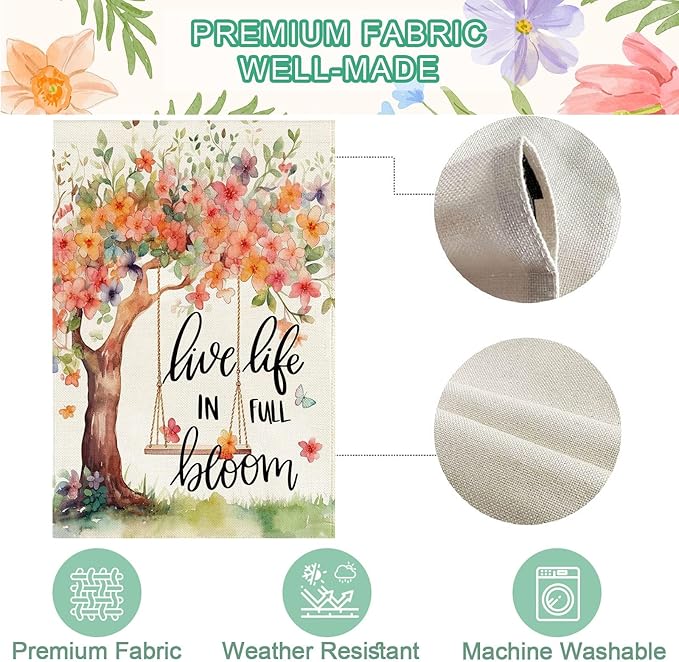 Baccessor Spring Summer House Flag, Flower Tree Swing Butterflies Floral Large Yard Flag for Outside Double Sided Burlap Outdoor Porch Decor 28 x 40 Inch