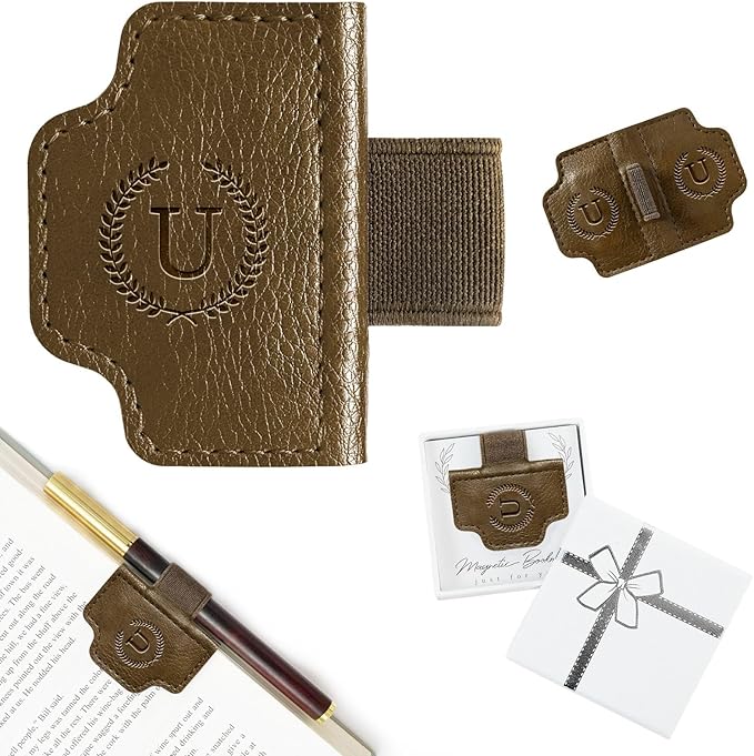 BygoneMark Magnetic Leather Bookmark with Pen Holder, Personalized Custom Initial Page Marker & Pen Clip, Professional Book Accessory for Students (Dark Brown-U)