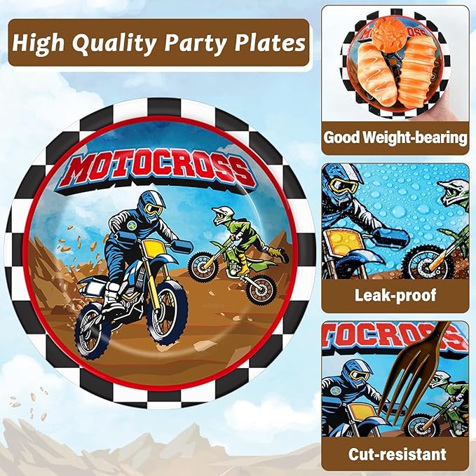 Qyeahkj 200 Pcs Dirt Bike Party Decorations Motorcycle Birthday Party Supplies Dirt Bike Theme Party Paper Plates Set Motocross Party Plates and Napkins Motor Theme Party Tableware for Boys Serves 50