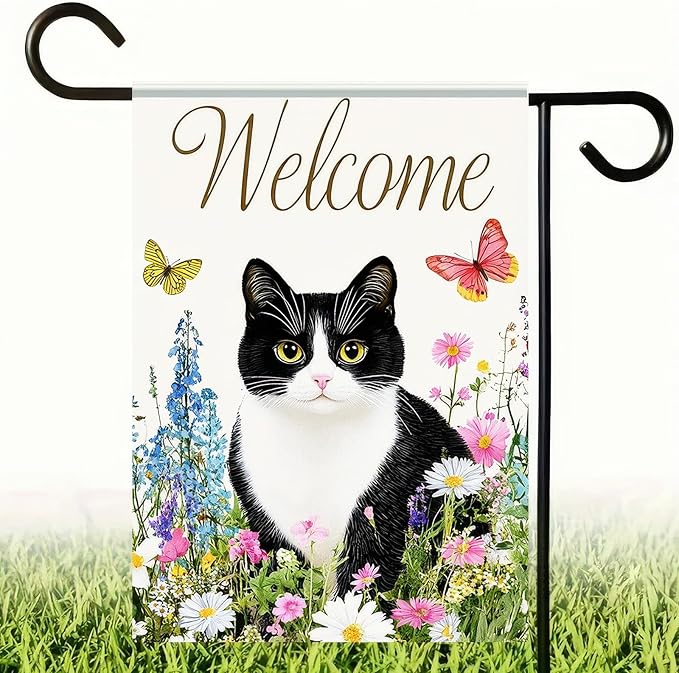 BlissYard Spring Welcome Black White Cat Garden Flag 12×18 Inch Double Sided Small Black Cat Flower Floral Garden Yard Flags for Spring Summer Outside Outdoor House Seasonal Decoration Flag