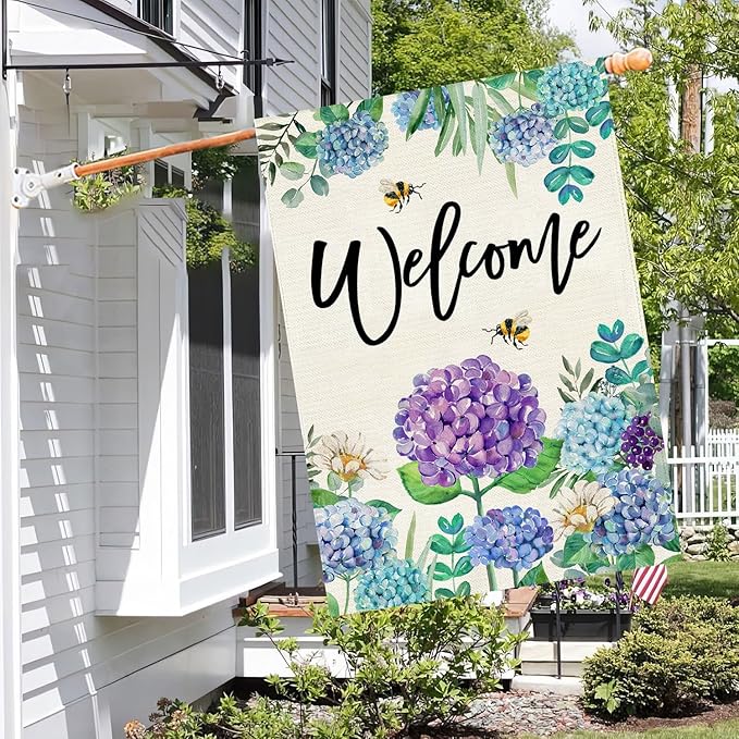 Baccessor Summer Spring Hydrangea House Flag Double Sided 28x40 Inch, Purple Blue Flower Floral Welcome Garden Flag Burlap Vertical Seasonal Farmhouse Yard Outdoor Decoration (Large)