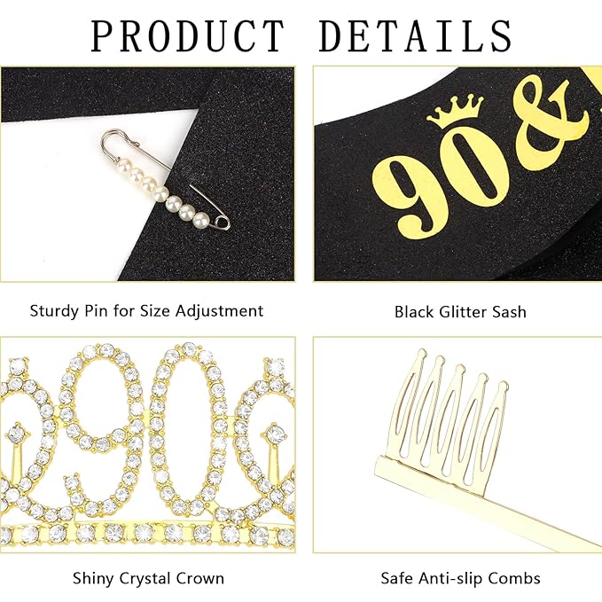 Casoty 90th Birthday Sash and Tiara, Birthday Decorations for Women, 90 & Fabulous Sash and Crown Set, Party Supplies for Women, Gift for Her