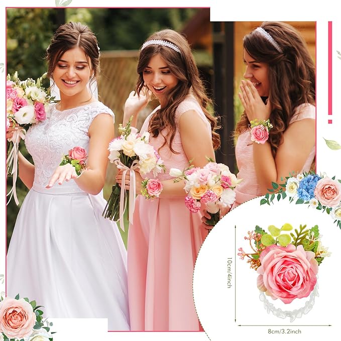 Sherr Wedding Rose Wrist Corsage Wristlet Band for Bridal Bridesmaid Women Flowers Bracelets Decor Wedding Artificial Flowers for Party Prom Homecoming(Peach Pink,24 Pcs)