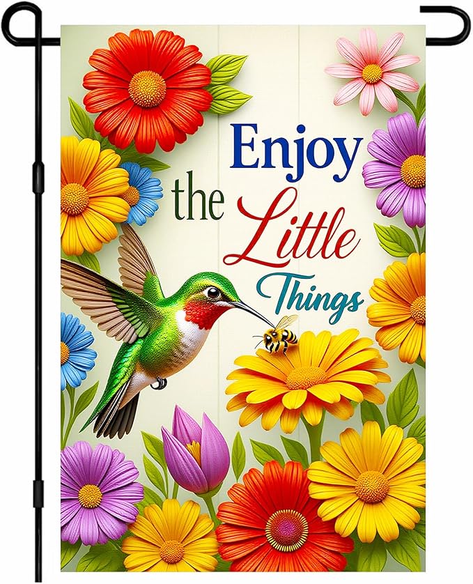 IVN Seasonal Garden Flag 12x18 Inch Double Sided Hummingbird Daisy Tulip Colorful Floral Enjoy the Little Things Outdoor Yard Flag for Outside Front Door Lawn Porch Patio Welcome Decor