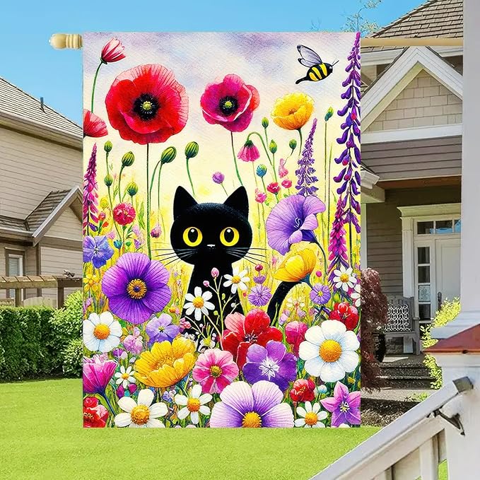 BlissYard Spring Black Cat Garden Flag Funny Floral Cat Garden Flag 12×18 Inch Double Sided Welcome Yard Flag Spring Seasonal Outdoor Colorful Floral Farmhouse Holiday Outside Decorations