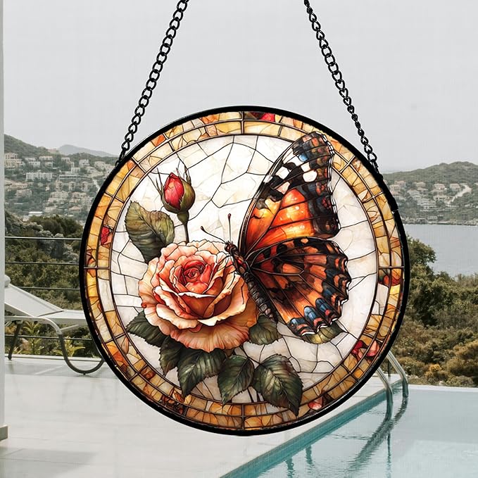 Stained Glass Window Hanging, Butterfly Picking Flowers Suncatcher for Doors Home Sun Catchers Decoration and Christmas, Mother's Day Birthday Gifts for Women, Men, and Mom 14.9x14.9 in