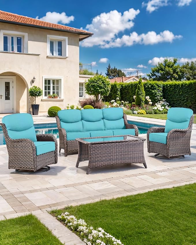 Luxury 22x24/22x25 6-Inch Smile Patio Cushions for Outdoor Furniture Set of 6 - Thick Back & Deep Seat Outside Chair Cushions for Rattan Glider Loveseat Sectional Sofa - Turquoise