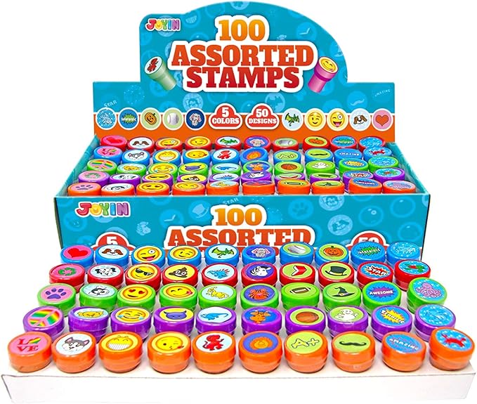 JOYIN 100PCS Assorted Stamps for Kids Self-Ink for Party Favor, Teacher Stamps, Kids Treasure Box, Prize for Classroom, Easter Egg Stuffers (50 Designs, Dinosaur, Halloween Stampers)