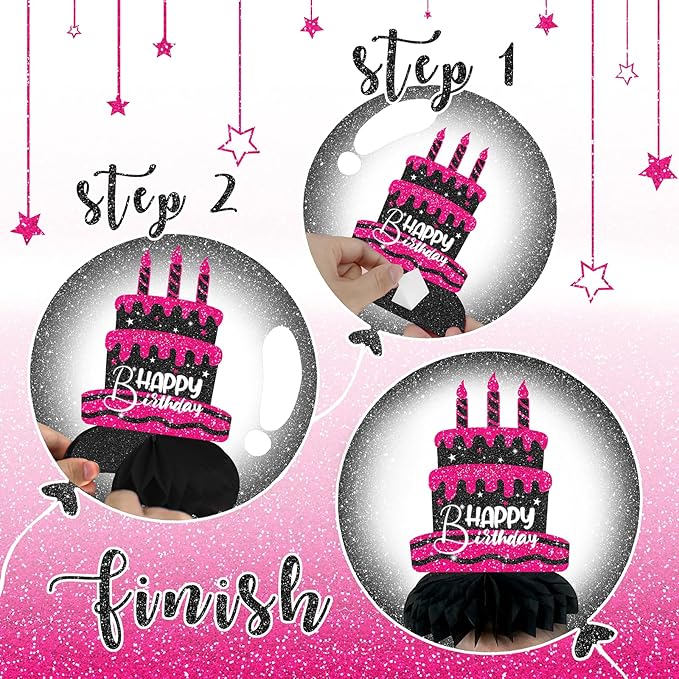 Hot Pink and Black Birthday Decorations – 12PCS Honeycomb Table Centerpieces for Girls Teens Women – Happy Birthday Table Decor Party Supplies