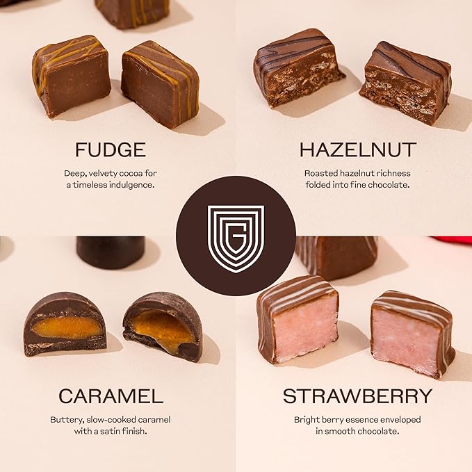 Gildory Gourmet Chocolate Gift Box | Assorted Chocolate Box with Strawberry, Caramel, Hazelnut & Fudge Flavors | Premium Candy Gift Set for Holiday, Valenetinse Day.