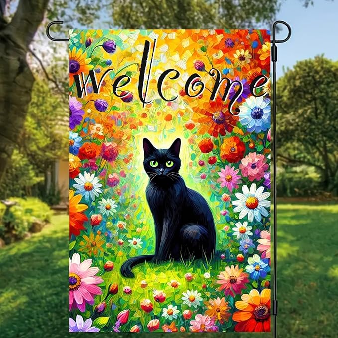 BlissYard Welcome Spring Cat Garden Flag Double Sided 12x18 Inch Black Cats Garden Flags Funny Floral Tulip Cat Flag Vertical Farmhouse Welcome Spring Seasonal Outdoor Porch Decor