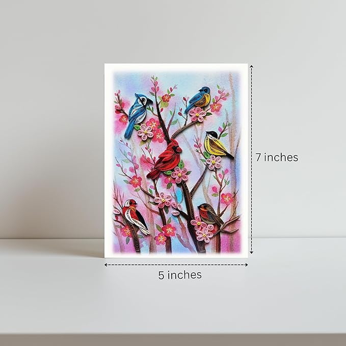 Cherry Blossoms and Spring Card, Quilling Card, Birds and Season Themed, Watercolor Classy Cards for Mom, Women, Wife, Daughter (Birds - Spring Garden)
