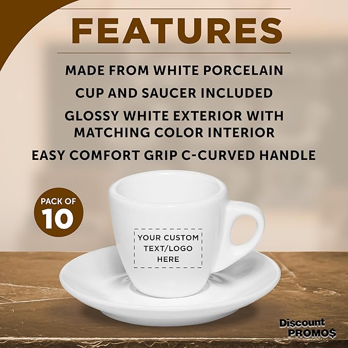 Custom Espresso Cups with Saucer 2.5 oz. Set of 10, Personalized Bulk Pack - Perfect for Coffee, Tea, Espresso, Hot Cocoa, Other Beverages - White