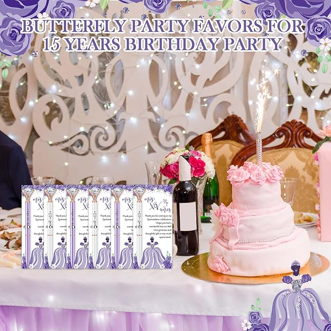50 Set Quinceanera Party Favors for Guest Sweet 15 Diamond Pens Bulk Mis XV Años Fancy Ballpoint Pen with Thank You Cards and Ties 15th Birthday Thank You Gifts(Purple, White)